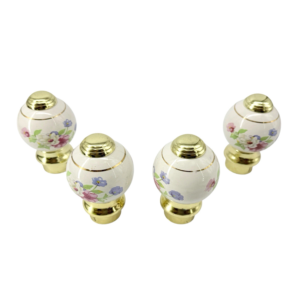 VTG Set of 4 Porcelain Floral Ceramic Floral Bed Post Finials w/ Brass Finish